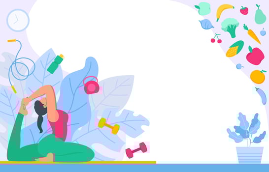 Young Girl doing Yoga with Healthy Food and Sport Equipment Ornament vector