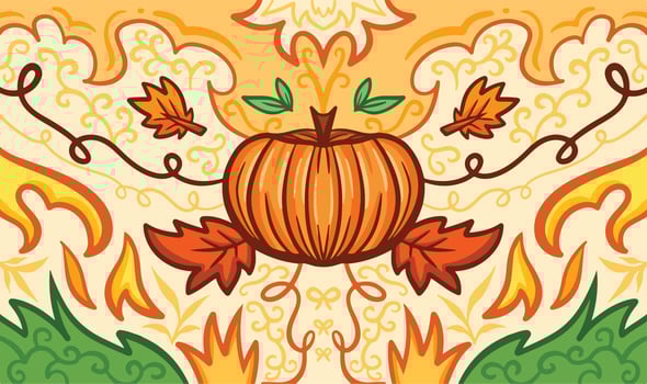 Autumn themed vector background with pumpkin decoration isolated. Symmetrical illustration drawing for thanksgiving or october to november fall season backdrop on website and poster background.