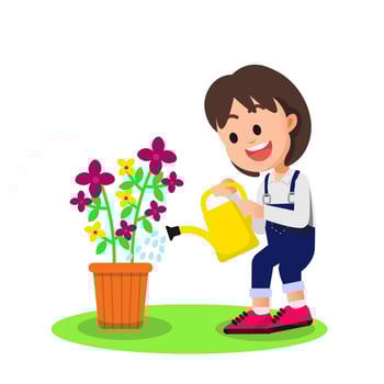 a happy little girl watering flowers cheerfully vector