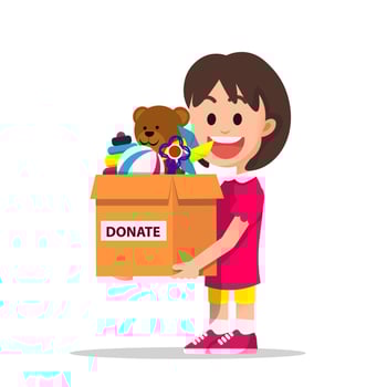 little girl brings a cardboard box of her toys to donate vector