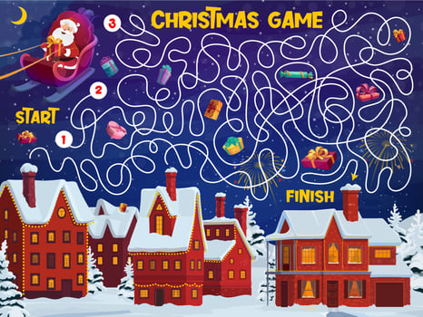 Christmas labyrinth maze, help Santa deliver gifts vector