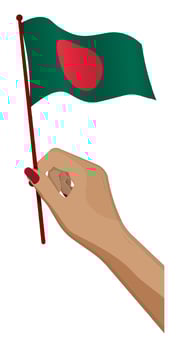 Female hand gently holds small flag of republic of Bangladesh. Holiday design element. Cartoon vector on white background