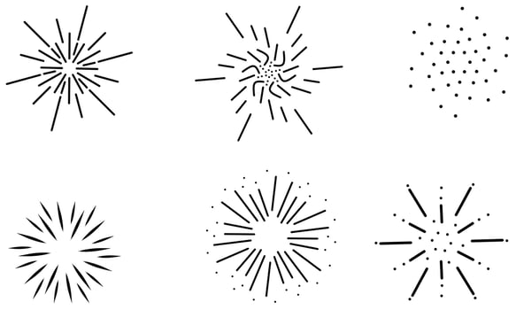 Set of exploding fireworks of various shapes on a white background. Firecracker line design great for birthday, holiday, new year, christmas celebration. Vector illustration.