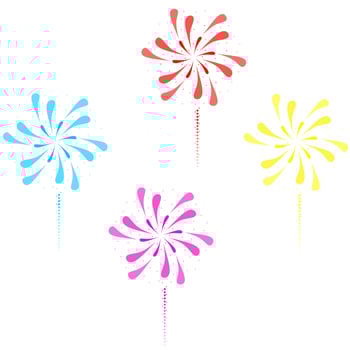 Vector illustration of colorful fireworks on a white background. Celebration of firecrackers exploded in the sky. Great for Christmas, New Year, holidays and party celebrations.