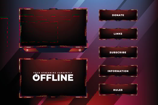 Futuristic online gaming frame design with abstract shapes on a dark background. Modern streaming overlay panel design with red and dark colors. Gamer background and broadcast border vector. vector