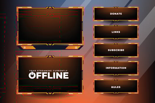 Online gaming screen border vector with orange and dark colors. Stylish streaming overlay decoration with subscribe buttons. Futuristic broadcast gaming panel design for live gamers.