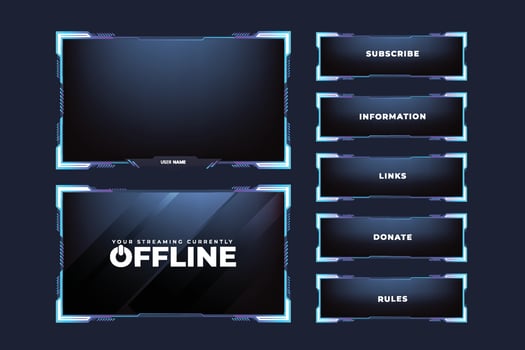 Live streaming overlay for online gamers. Gaming frame and streaming template with blue color. Simple streaming overlay and screen interface vector on a dark background. Modern gaming frame design.