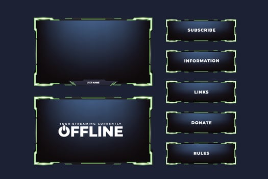 Live streaming screen overlay design. Gaming overlay vector for screen panels. Green Live stream overlay vector for online gamers. Live gaming overlay with a offline screen and colorful buttons.