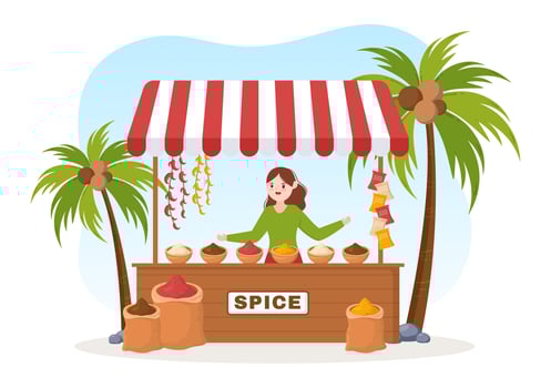 Spice Shop with Different Hot Spices, Condiment, Exotic Fresh Seasoning and Traditional Herbs in Flat Cartoon Hand Drawn Templates Illustration vector
