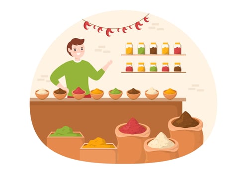 Spice Shop with Different Hot Spices, Condiment, Exotic Fresh Seasoning and Traditional Herbs in Flat Cartoon Hand Drawn Templates Illustration vector