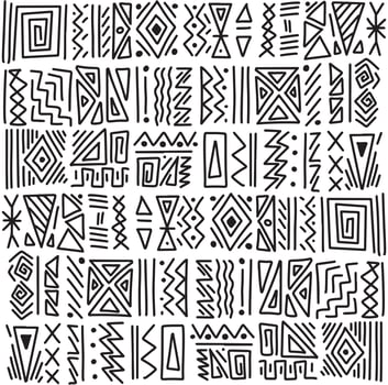 African ethnic tribal clash ornament seamless pattern background. Black and white hand drawn symbols motif. Vector wallpaper, texture, print design