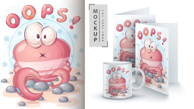 Cartoon character adorable crab, pretty animal idea for print t-shirt, poster and kids envelope, postcard. Cute hand drawn style crab. vector