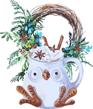 Christmas illustration cute cup in form of owl with marshmallow and christmas holiday wreath watercolor hand drawn composition vector