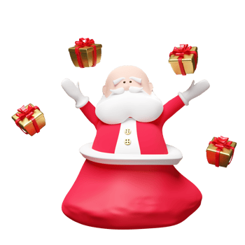 Santa claus with cloth bag gift box  isolated. website, poster or Happiness cards, Christmas banner, festive New Year, 3d illustration render, png