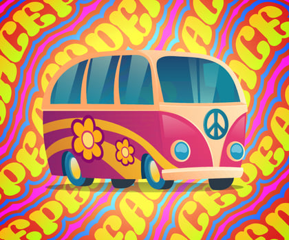 Hippie bus with peace and love label and flowers vector