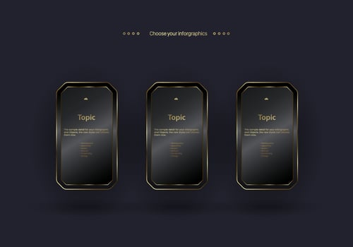 Three Golden buttons vector for work plans and options design, dark and premium steps elements illustration.