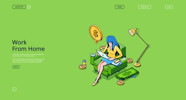 Work from home isometric landing page, freelancer vector