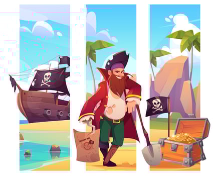 Bookmarks with pirate, treasure chest and ship vector