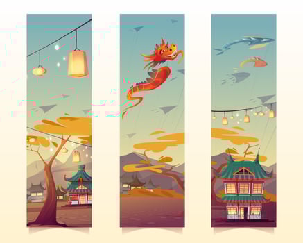Chinese festival with lanterns and flying kites vector
