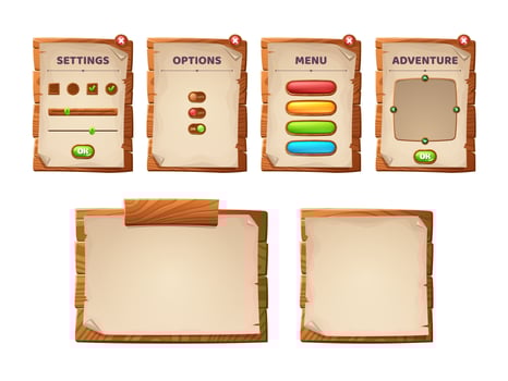 Game ui scrolls, wood boards and antique parchment vector