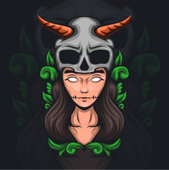 illustration of a woman in a skull helmet with a leaf ornament vector