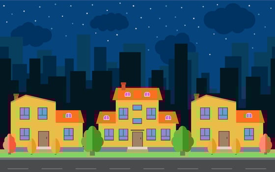 Vector night city with cartoon houses and buildings. City space with road on flat style background concept. Summer urban landscape. Street view with cityscape on a background