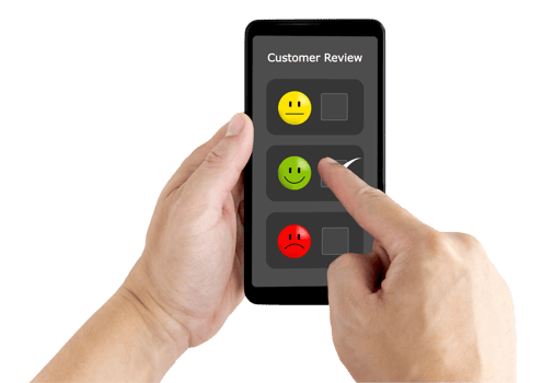hand touching the application on the happy smile face icon to give satisfaction in service.rating very impressed.Customer service and Satisfaction concept png