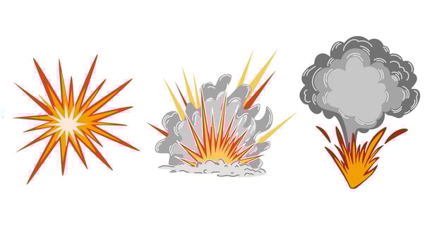 Explosion set. Cartoon dynamite or bomb explosion, fire. Boom clouds and smoke element. Dangerous explosive detonation, Atomic bomb explosion. Vector hand draw illustration.