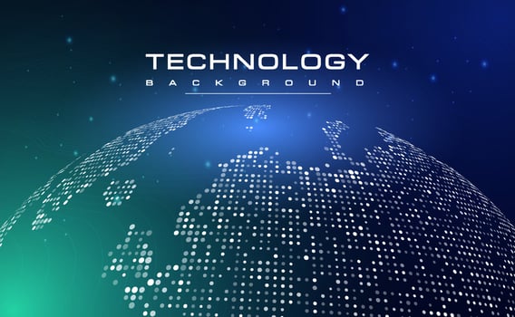 Digital technology blue green background, online cyber media world map, abstract star futuristic circuit tech, innovation future wifi internet network connection, Ai big data, dot illustration vector