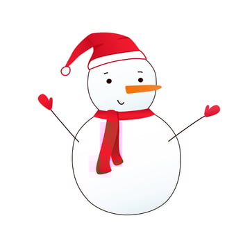 Snowman in santa hat with scarf and mitterns and outstretched arms vector illustration. Winter seasonal character.
