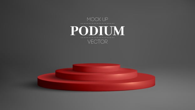 Red podium in black room. Realistic 3d round stage vector. Award winner platform studio. vector