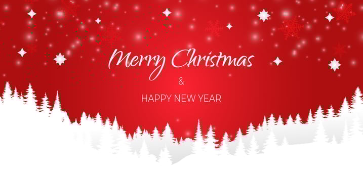 Snow falling in winter season, shiny stars. Merry Christmas and happy new year background banner. Vector  illustration landscape mountain forest paper silhouette. Red backdrop with snowflakes.