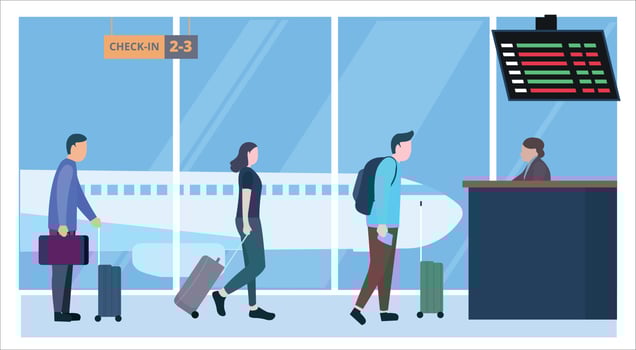 Vector Illustration of people boarding flight airport in queue. Travel