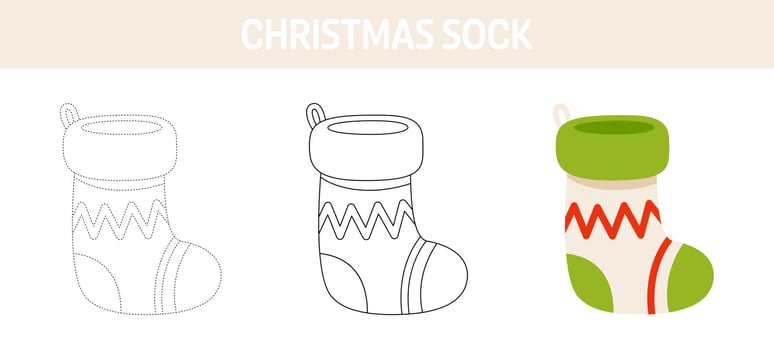 Christmas Sock tracing and coloring worksheet for kids vector