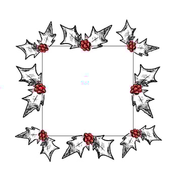 Sketch frame with Christmas holly berry vector