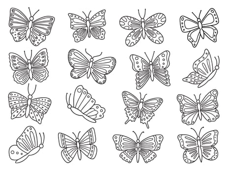 Butterflies doodle set. Flying insects in sketch style. Hand drawn vector illustration isolated on white background
