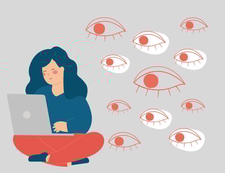 woman working with her computer is observed from behind. Spywares softwares on devices. Spy applications through the laptop. Big eyes peek at a screen of a girl. Spying on private life, internet risks vector