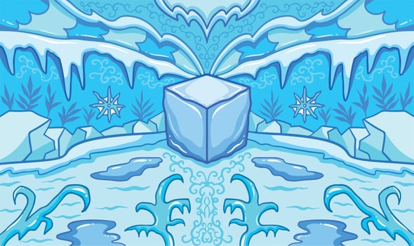 Cold blue ice age themed vector illustration background. Symmetrical wallpaper with cartoon flat art style and clean line art, isolated and colored. Freezing and snowy cold temperature themed artwork.