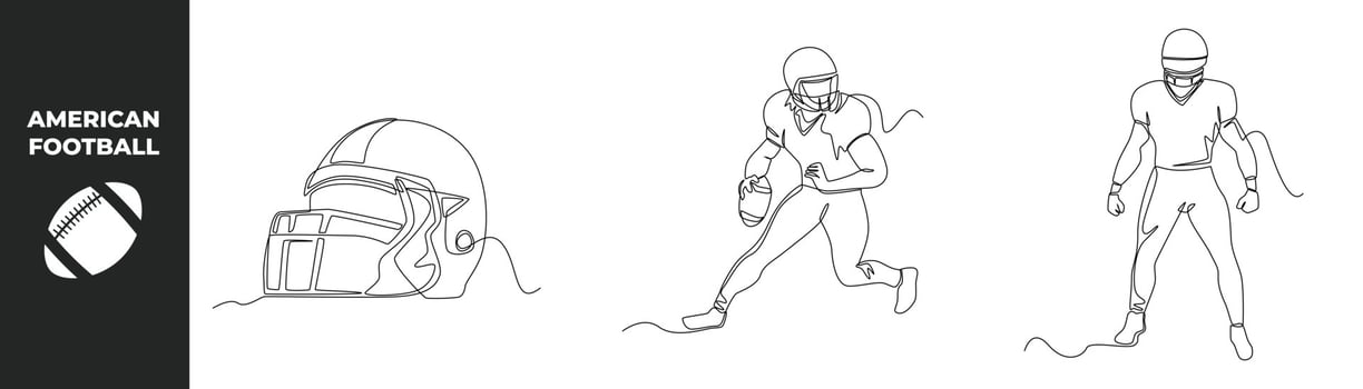 Continuous one line drawing American football set concept. Football helmet sport and American football sportsman player. Single line draw design vector graph.