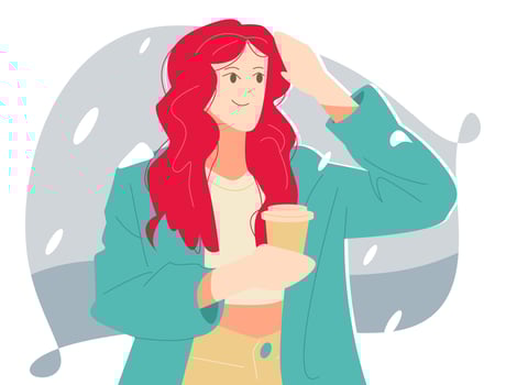beautiful curly hair girl holding a hot drink. snowfall on clothes. coffee, tea, hot chocolate. snow scene outdoor background. winter concept, fashion. flat vector illustration cartoon