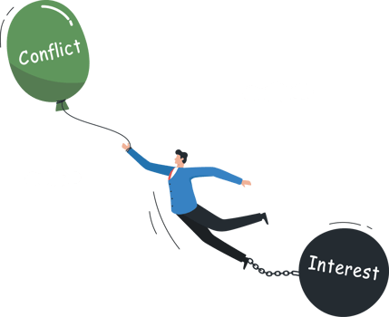 Conflict or interest. decision choice. Conflict management. Proof of vision in problem solving. Businessman tied up with balloons and pendulum. png