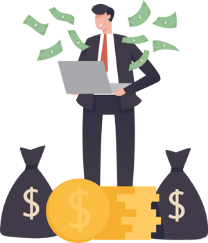 Online income. Happy businessman earning money. confident businessman showing how work online. holding money and laptop. illustration png