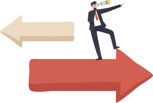 Looking for opportunities, Business vision to see opportunity, businessman using telescope to see future standing on top of rising arrow. illustration png