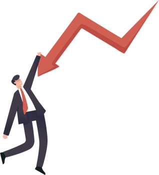 Businessman stuck on danger on arrow graph holding with one hand feeling insecure. financial investment volatility uncertainty or changes in business and the stock market due to risks. png