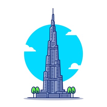 Burj Khalifa Cartoon Vector Icon Illustration. Famous Building Traveling Icon Concept Isolated Premium Vector. Flat Cartoon Style