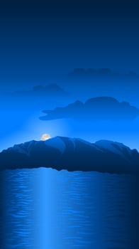 Night sky island mountain vector illustration. Landscape vector for graphic, resources, business, design or decoration.  Night sea and mountain vector illustration. Night sky on mountain island