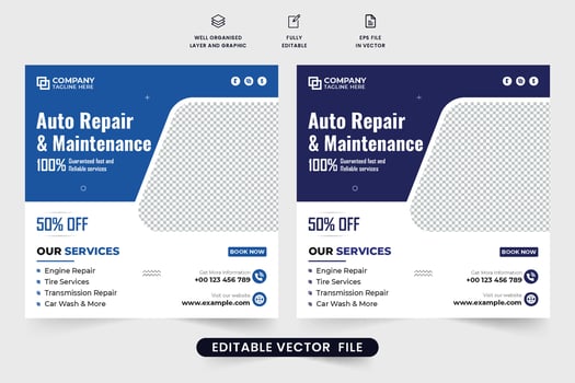 Professional car repair and cleaning service advertisement template design with photo placeholders. Vehicle maintenance social media post vector for marketing. Auto car repair business promotion.