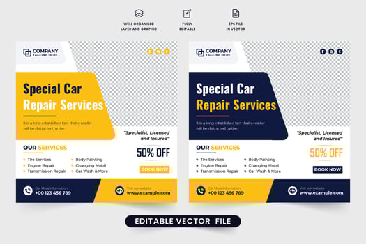 Special car repair service discount template vector with yellow and dark colors. Automobile maintenance service social media post design for marketing. Vehicle management and cleaning service template