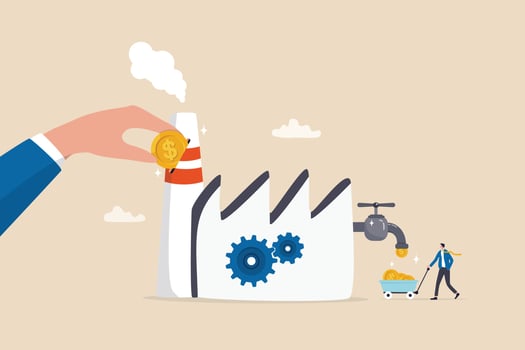 Manufacturing or production to earn profit, industry or factory, make money machine or manufacture concept, businessman put money into factory to earn more profit from production. vector