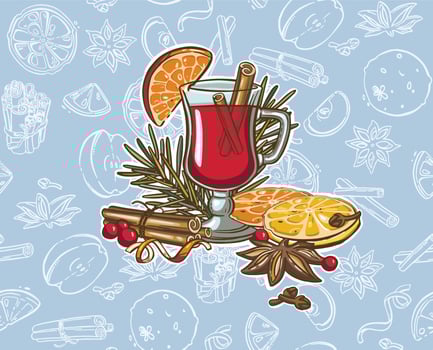Watercolor Christmas mulled wine. Hand painted wine glass, cinnamon, gingerbread and fir branch isolated on white background. Winter illustration for design, print, fabric. vector